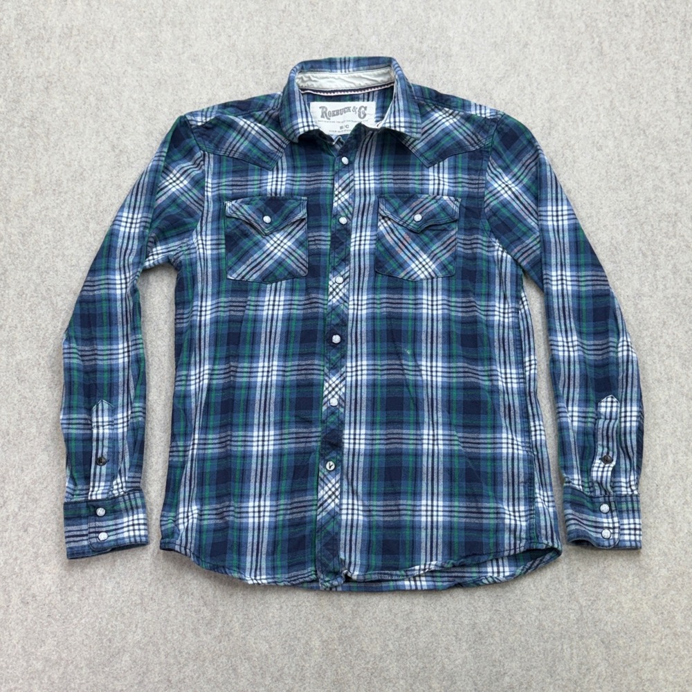 Roebuck & Co Shirt Mens S Blue Green Plaid Western Cowboy Grunge Festival Casual